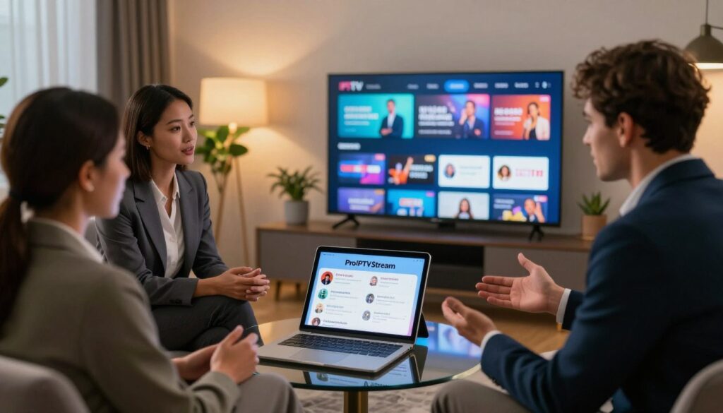 A sleek, modern living room setting with a stylish flat-screen TV displaying vibrant IPTV content. In the foreground, a diverse group of three individuals—two men and one woman—dressed in smart business attire, are engaged in a lively discussion about various IPTV subscription plans. The middle of the image showcases a digital tablet with an interactive display of ProIPTVStream's subscription options, highlighting features like channel variety and user reviews. In the background, warm, ambient lighting creates a welcoming atmosphere, complemented by decorative plants and modern furniture. The scene captures an engaging, professional mood, illustrating the excitement of accessing premium IPTV services. The camera angle is slightly elevated, focusing on the group while providing a full view of the tablet and TV, promoting a sense of collaboration and innovation.