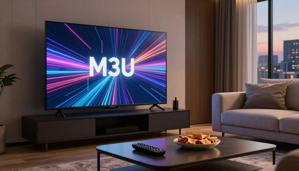 A sleek, modern living room setup with a large flat-screen TV displaying an abstract representation of M3U links, visually represented as colorful data streams flowing from the screen. In the foreground, a stylish coffee table holds remote controls and snacks, conveying a cozy viewing experience. The middle ground features a comfortable sofa with a subtle, muted color palette, inviting relaxation. Soft, warm lighting accentuates the room, creating a tranquil atmosphere. Outside the window, a glimpse of a cityscape at dusk adds depth to the background. The overall mood is inviting and professional, suitable for an article about secure and private access to adult IPTV content, without any explicit imagery or themes.