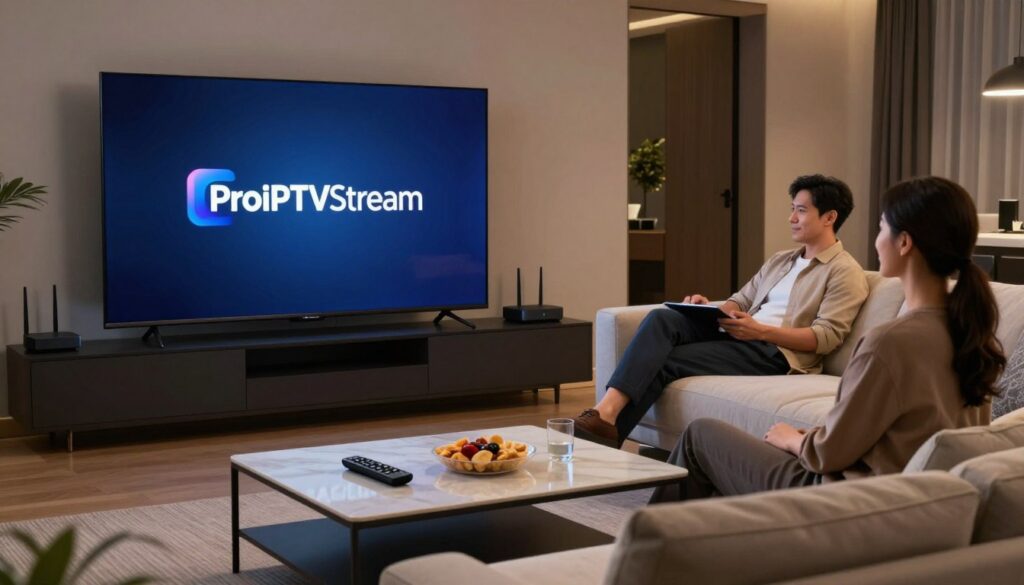 A sleek, modern living room showcasing a high-end streaming setup with a large flat-screen television displaying the ProIPTVStream logo prominently. In the foreground, a stylish coffee table is adorned with a remote control and snacks, while a comfortable sofa is positioned towards the screen. In the middle ground, a well-dressed professional couple casually relaxes, both wearing smart casual attire, engaged in a watch party. Soft, ambient lighting highlights the sophistication of the room, creating an inviting and cozy atmosphere. The background features subtle hints of advanced technology, with a network router and streaming device neatly arranged. The scene captures the essence of premium IPTV service, conveying service excellence and a modern lifestyle.