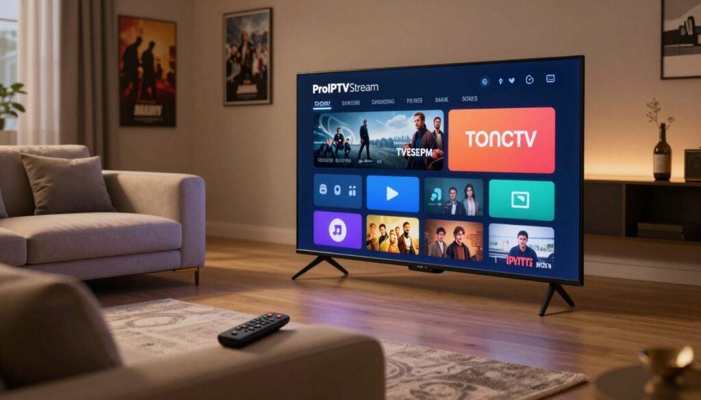A sleek, modern living room showcasing a premium IPTV streaming setup. In the foreground, a stylish flat-screen TV displaying a vibrant, high-definition interface of ProIPTVStream, featuring a visually appealing and organized menu layout. The middle ground includes a plush sofa with a remote control on the armrest, suggesting a comfortable viewing environment. Soft, ambient lighting creates a warm and inviting atmosphere, accentuating the sophisticated decor. The background features subtle hints of entertainment memorabilia on the walls, like framed posters and movie stills, reflecting a love for quality content. The scene is captured from a slightly elevated angle to emphasize the luxurious interior and allure of the premium IPTV experience, evoking a sense of excitement for high-quality streaming at home.