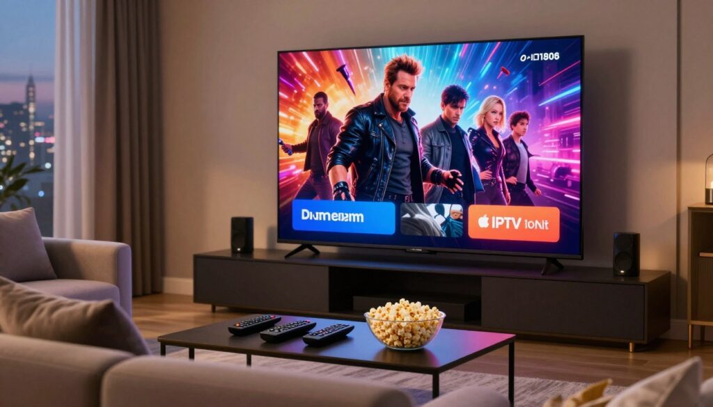 A sleek, modern living room with a large flat-screen TV displaying vibrant, high-definition content symbolizing IPTV premium streaming quality. In the foreground, a comfortable sofa adorned with plush cushions invites relaxation. On the coffee table, there are some remotes and a bowl of popcorn, indicating an enjoyable viewing experience. The middle ground features a glowing TV screen showcasing a dynamic scene from an action movie, filled with bright colors and sharp contrast, emphasizing the clarity of the image. In the background, soft ambient lighting creates a warm and cozy atmosphere, with curtains slightly drawn to reveal a hint of a city skyline at dusk. The overall mood is inviting and sophisticated, illustrating the elevated viewing experience that premium IPTV subscriptions offer.
