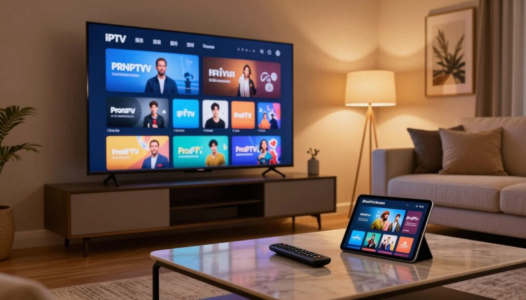 A sophisticated living room setting with a large modern TV displaying streaming services and a tasteful selection of premium IPTV channels. In the foreground, a stylish coffee table holds a remote control and a sleek tablet showcasing the user interface of ProIPTVStream. In the middle, a comfortable sofa is adorned with plush cushions, and a tasteful piece of artwork hangs on the wall. The atmosphere is warm and inviting, illuminated by soft, ambient lighting that exudes a cozy vibe. The angle captures the TV screen prominently, with reflections adding depth to the scene. The focus is on high-quality entertainment, reflecting the premium aspect of the IPTV service without any human subjects. The overall mood is one of relaxation and enjoyment.