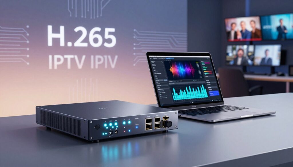 A split image comparing hardware and software H.265 IPTV encoders. In the foreground, a sleek, modern hardware encoder with illuminated LED indicators, showcasing its intricate design and ports. Beside it, a laptop displaying software encoder interface with colorful graphs and metrics. In the middle ground, a subtle gradient background emphasizes the technology theme, with faint circuit patterns and streaming graphics floating. To the right, a blurred out view of a professional setting, perhaps a video production studio with monitors displaying IPTV content. Soft, diffused lighting highlights details on the encoder devices while maintaining an overall professional atmosphere. Shoot from a slightly elevated angle to create depth, evoking an informative and analytical mood. No text or additional elements present.