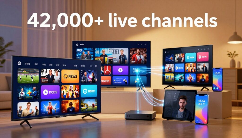 A vibrant and dynamic digital collage representing "42,000+ live channels." In the foreground, a sleek modern television display shows an assortment of channel icons with colorful thumbnails, symbolizing diverse content like sports, news, movies, and educational programs. In the middle, an array of streaming devices, such as a smart TV, tablet, and smartphone, are unified by glowing data streams that connect them, illustrating the IPTV service. The background features a stylish living room setting with ambient lighting that creates a warm and inviting atmosphere. Soft reflections shimmer off the devices, enhancing the tech-savvy vibe. The overall mood is energetic and optimistic, inviting viewers to explore endless possibilities in entertainment.