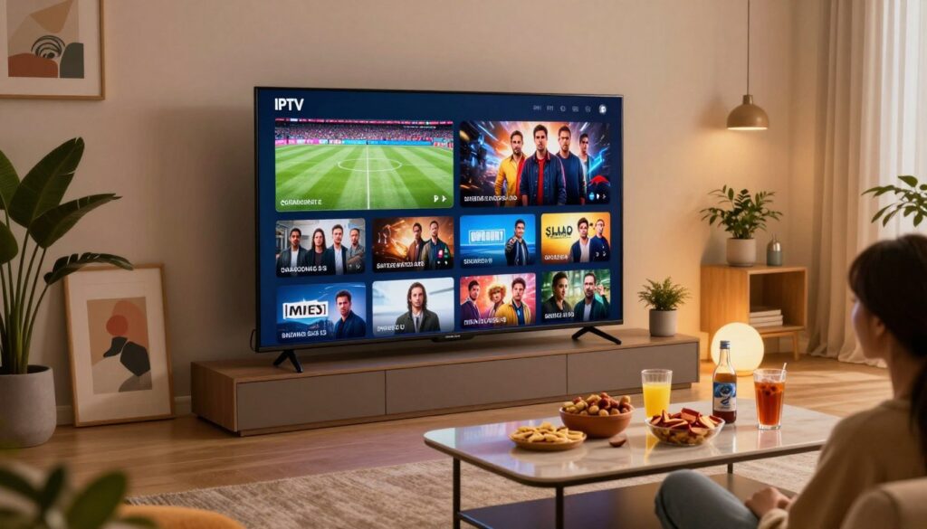 A vibrant and dynamic living room showcasing a high-quality IPTV experience. In the foreground, a modern flat-screen TV displays a vivid array of channels, from live sports to blockbuster movies, highlighting an engaging sports match and a popular film. The middle ground features a sleek coffee table adorned with snacks and drinks, enhancing the viewing experience. In the background, soft ambient lighting creates a cozy atmosphere, with stylish decor that includes plants and art pieces. The overall mood conveys excitement and comfort, making the space inviting for family and friends. Use a warm color palette with excellent lighting to emphasize the clarity of the screen, captured from a slightly elevated angle to showcase the entire scene beautifully.
