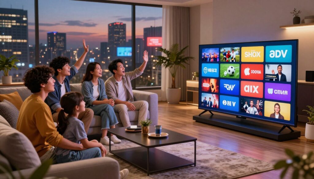 A vibrant digital landscape depicting a diverse array of live television channels from around the world. In the foreground, a sleek, modern smart TV displaying a colorful grid of channel icons, showcasing genres like sports, movies, and international programs. The middle layer features a stylish living room setting with a cozy couch and coffee table, where a family of four—dressed in casual, yet tasteful garments—excitedly watches the TV together. In the background, large windows reveal a bustling cityscape at dusk, illuminated by the glow of various screens from nearby buildings. Soft, warm lighting bathes the scene, creating an inviting atmosphere with a sense of excitement and togetherness. The angle is slightly elevated, capturing both the intricate details on the TV screen and the joyful expressions of the family.