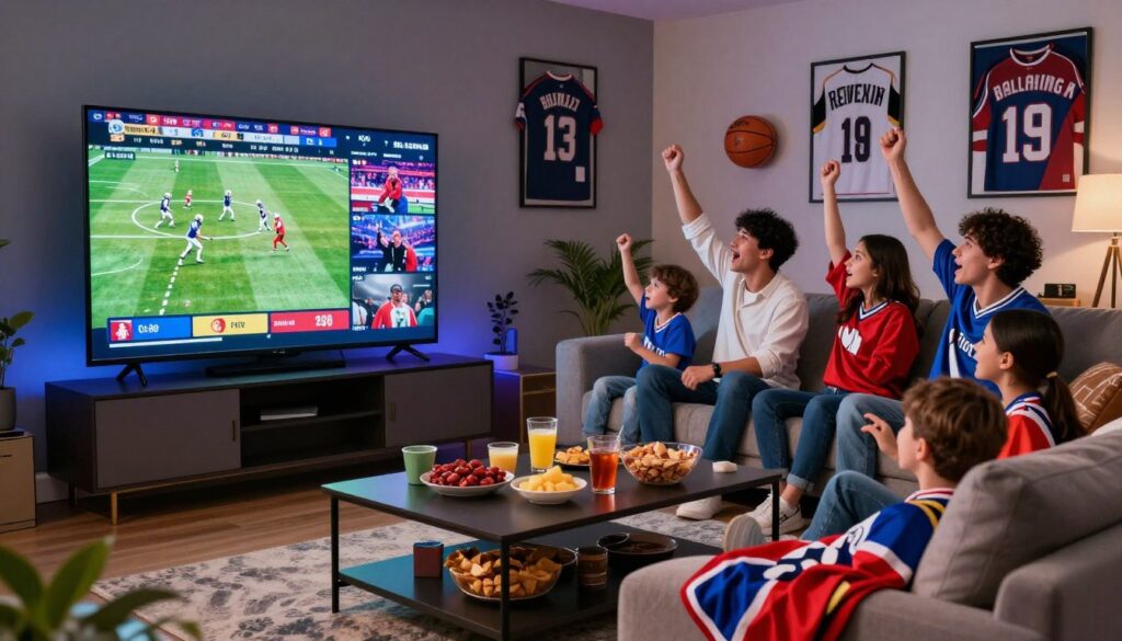 A vibrant living room setting showcasing a large flat-screen TV displaying multiple sports channels with dynamic game scenes, including football, basketball, and boxing. In the foreground, a stylish coffee table holds an array of snacks and drinks, while a comfortable sofa is adorned with colorful team jerseys. The middle ground features a family gathered around the TV, dressed in casual but neat clothing, joyfully reacting to the thrilling events on screen. The background shows cheering sports memorabilia on the walls and subtle atmospheric lighting, creating an excited yet cozy ambiance. The scene captures the essence of enjoying live sports at home, inviting viewers to experience the excitement of never missing a game.