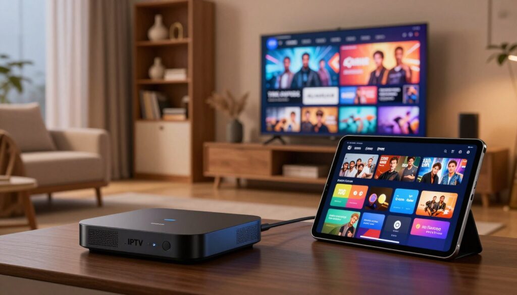 A visually engaging digital artwork illustrating IPTV PRO premium streaming services. In the foreground, a sleek, modern streaming device and a tablet showing a user-friendly interface with colorful icons representing various streaming channels. In the middle ground, an attractive living room setup with cozy furniture, a large flat-screen TV displaying vivid imagery of diverse entertainment content. Ambient soft lighting casts a warm glow, creating an inviting atmosphere. In the background, a stylish bookshelf with decorative items and tech gadgets, enhancing the tech-savvy environment. The perspective is slightly tilted to emphasize the interaction between the device and viewer, capturing a sense of excitement about premium streaming possibilities. The overall mood reflects sophistication, innovation, and an enjoyable viewing experience.