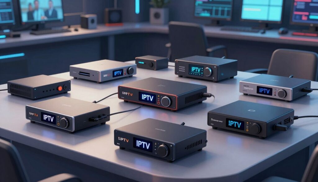 A visually engaging illustration depicting various IPTV encoders arranged on a sleek, modern table. In the foreground, several encoders of different styles and price ranges are showcased, some with digital displays highlighting their features. In the middle, infographics or charts subtly illustrate price ranges, with an emphasis on clarity and color contrast for added visual interest. The background features a high-tech environment, such as a broadcast control room with dim, ambient lighting accentuating the devices. The atmosphere is professional and informative, evoking a sense of innovation in technology. The angle is slightly elevated, giving a comprehensive view, with soft shadows to create depth without overwhelming the main subjects.