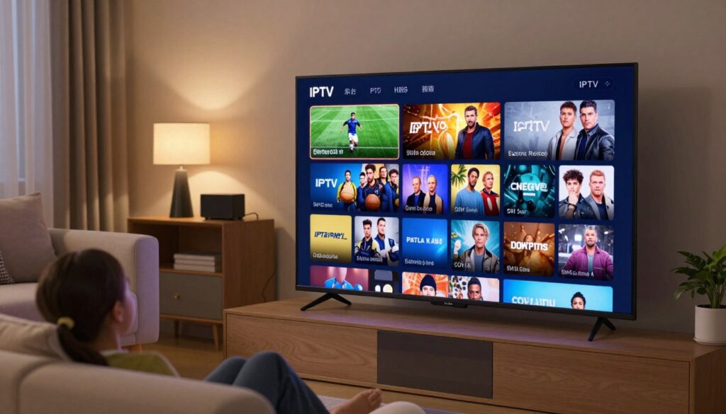 A visually engaging scene depicting various IPTV channels on a sleek, modern TV screen, located in a cozy living room setting. In the foreground, a high-definition television displays dynamic images representing a variety of channels, such as sports, movies, and documentaries, with vibrant colors and eye-catching visuals. The middle ground features a comfortable sofa adorned with plush cushions, inviting viewers to relax and enjoy their favorite shows. In the background, soft, ambient lighting enhances the cozy atmosphere, while a small entertainment center houses other modern devices. The overall mood is one of warmth and family entertainment, suggesting a perfect night in with effortless access to diverse content. The composition should convey clarity and focus, highlighting the IPTV experience without any text or distractions.