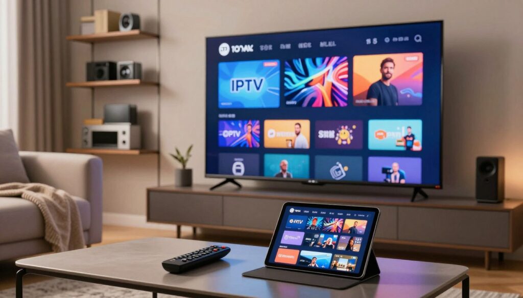 A visually striking abstract representation of top Marinios IPTV providers, featuring a modern living room setup with a large flat-screen TV displaying dynamic, colorful IPTV interface elements. In the foreground, a sleek coffee table holds a remote control and a tablet showing streaming options, conveying user-friendly navigation. The middle ground showcases a stylish sofa with a cozy blanket, suggesting comfort while enjoying live TV. Soft, warm lighting creates an inviting atmosphere, enhancing the feeling of relaxation and entertainment. In the background, shelves with neatly arranged tech devices symbolize advanced technology. The angle captures the entire scene with a slight perspective, immersing the viewer in the experience of cutting-edge IPTV entertainment without any text or distractions.