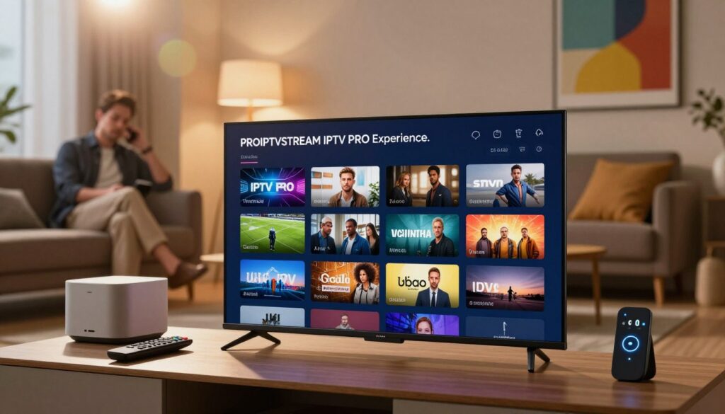 A visually striking and inviting digital workspace showcasing the "PROIPTVSTREAM IPTV PRO Experience." In the foreground, a sleek modern television displaying vibrant channels, surrounded by a remote control and smart devices, emphasizing ease of access. The middle layer features a stylish, focused professional viewer sitting comfortably in a well-lit living room, dressed in smart casual attire, immersed in a premium movie or live sports event. In the background, an ambient scene with soft, warm lighting casts a relaxing atmosphere, accentuated by elegant furniture and colorful wall art. The overall mood is dynamic yet cozy, illustrating the convenience and enjoyment of premium IPTV offerings. A polished lens flare enhances the imagery, creating a sense of excitement around the entertainment experience.