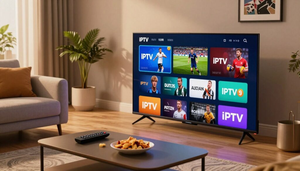 A visually striking image showcasing premium IPTV packages in a modern living room setting. In the foreground, a sleek smart TV displays various vibrant streaming options, emphasizing sports events and exclusive programming. In the middle, a stylish coffee table holds a remote and snacks, symbolizing leisure and comfort. The background reveals a cozy, well-lit room with a contemporary couch, decorative plants, and framed sports memorabilia, enhancing the ambiance. Warm, soft lighting casts a welcoming glow, creating an inviting atmosphere. The scene should evoke excitement and luxury, embodying the essence of premium entertainment services. The angle should be from slightly above eye level, providing a comprehensive view of the scene while ensuring clarity and focus on the IPTV packages.