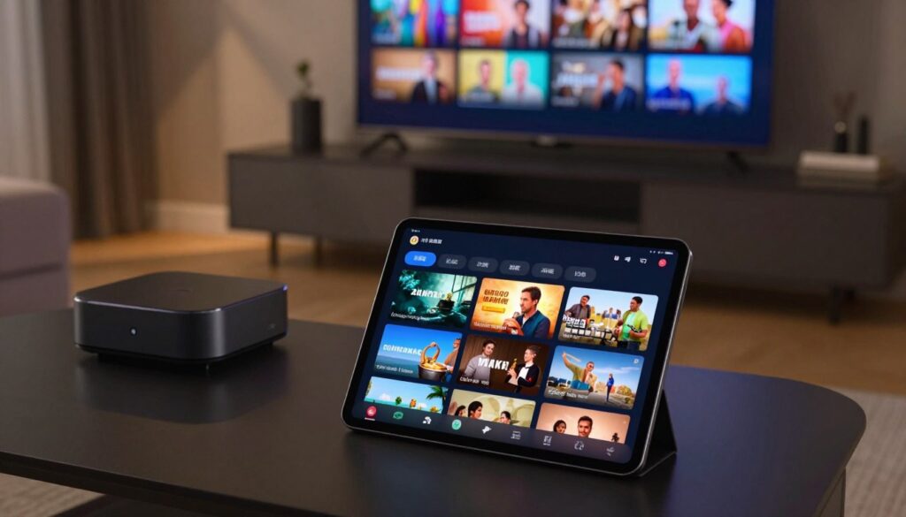 A visually striking representation of a premium adult IPTV content library, showcasing an array of categorized content displayed on elegant, modern streaming devices. In the foreground, a sleek tablet shows a user-friendly interface with various genres like documentaries, cooking shows, and travel programs, all presented in vibrant thumbnails. The middle ground features a stylish living room setting with a smart TV displaying dynamic visuals of high-quality programming. The background hints at a cozy ambiance with soft, ambient lighting that creates a welcoming atmosphere. Soft shadows play across the furniture, enhancing the mood of comfort and entertainment. Capture this scene from a slightly elevated angle to provide depth and focus, ensuring a polished, professional look that conveys a sophisticated viewing experience.