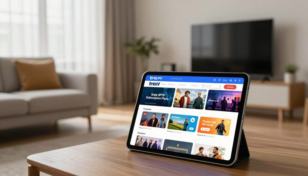 A visually striking representation of "trex IPTV Subscription Plans" for an article section. In the foreground, an elegantly designed tablet displays a vibrant interface showcasing various subscription plans, with colorful icons and images of streaming content like movies and sports. In the middle ground, a modern living room setting with a cozy sofa and a sleek TV is visible, hinting at an immersive viewing experience. The background features soft natural light filtering through sheer curtains, creating a warm and inviting atmosphere. Use a wide-angle lens to capture the entire scene, enhancing the spacious feel of the room. The overall mood is engaging and informative, emphasizing the accessibility and enjoyment of entertainment through the trex IPTV service.