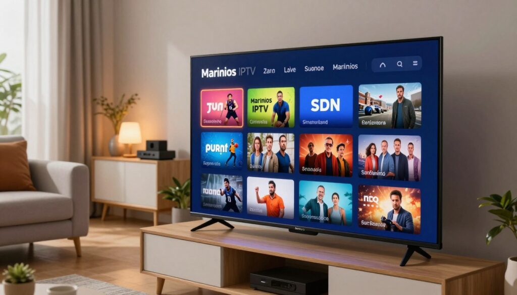 A visually vibrant and engaging representation of a Marinios IPTV content library, set in a modern living room. In the foreground, a sleek, high-definition television displays a colorful array of streaming icons and thumbnails representing various channels and shows, showcasing diversity in genres like sports, movies, and documentaries. The middle ground features a stylish entertainment unit with decorative elements, such as plants and tech devices, lit softly by warm, ambient lighting. In the background, a cozy couch is positioned next to a large window, suggesting a comfortable viewing experience. The atmosphere is inviting and tech-savvy, demonstrating the richness of content available through Marinios IPTV. Light reflections and a slight depth of field add a polished, professional touch to the scene.
