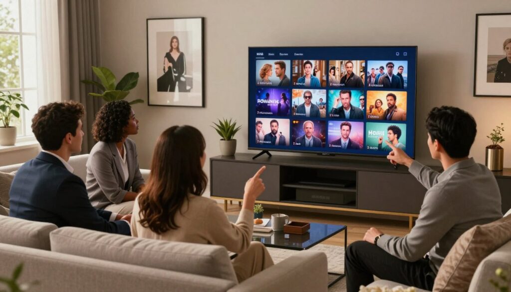 A well-organized modern living room, featuring a sleek entertainment center displaying a large flat-screen TV streaming various adult content options in a grid format, showcasing genres such as romance, drama, and comedy. In the foreground, a diverse group of four adults, dressed in professional and modest casual attire, are seated on a comfortable sofa, engaged in lively discussion while pointing at the screen. Soft, warm lighting creates an inviting ambience, with subtle shadows enhancing the depth of the room. The background features stylish décor, such as framed artwork and potted plants, contributing to a relaxed yet upscale atmosphere. A large window allows natural light to filter in, highlighting the luxurious feel of the space.