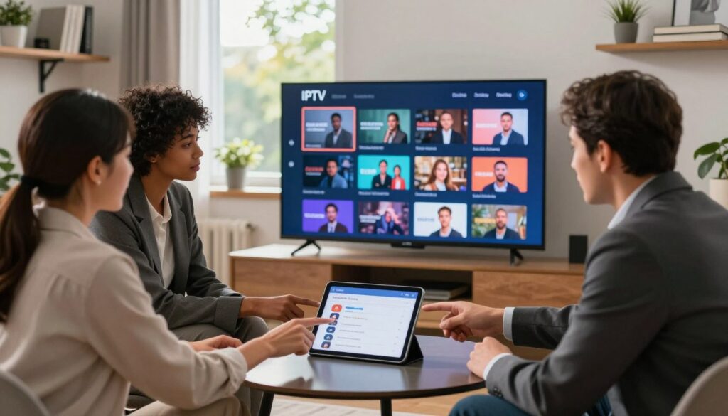 A modern home office scene in a stylish, well-lit room, showcasing a large flat-screen television displaying a user-friendly IPTV interface filled with various adult entertainment channels. In the foreground, a diverse group of three professionals, wearing smart business attire, are engaged in a discussion around a sleek coffee table, pointing at a tablet that highlights the best features and user reviews of adult IPTV services. In the middle, a soft-focus window reveals a sunny day outside, adding a vibrant atmosphere. In the background, shelves hold an assortment of technology-related books and decorative plants, enhancing a sense of innovation and comfort. Warm, inviting lighting creates an atmosphere of collaboration and discovery in the best adult streaming services. A modern home office scene in a stylish, well-lit room, showcasing a large flat-screen television displaying a user-friendly IPTV interface filled with various adult entertainment channels. In the foreground, a diverse group of three professionals, wearing smart business attire, are engaged in a discussion around a sleek coffee table, pointing at a tablet that highlights the best features and user reviews of adult IPTV services. In the middle, a soft-focus window reveals a sunny day outside, adding a vibrant atmosphere. In the background, shelves hold an assortment of technology-related books and decorative plants, enhancing a sense of innovation and comfort. Warm, inviting lighting creates an atmosphere of collaboration and discovery in the best adult streaming services.