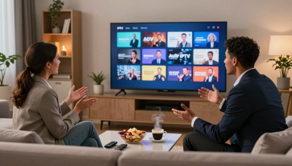 A modern living room setting with a couch facing a large flat-screen television displaying various icons of IPTV services in an artistic collage. The foreground features a sleek coffee table with remote controls, snacks, and a steaming cup of coffee. In the middle, two diverse individuals in professional business attire, a man and a woman, are enthusiastically discussing their favorite shows, their expressions engaged and animated. The background shows a soft-lit environment with warm tones, showcasing modern decor elements like a bookshelf and potted plants. Soft, dynamic lighting highlights the ambiance, creating a cozy yet sophisticated atmosphere, while the angle captures both the subjects and the TV screen prominently. The overall mood is inviting and informative, reflecting the growing interest in adult IPTV services. A modern living room setting with a couch facing a large flat-screen television displaying various icons of IPTV services in an artistic collage. The foreground features a sleek coffee table with remote controls, snacks, and a steaming cup of coffee. In the middle, two diverse individuals in professional business attire, a man and a woman, are enthusiastically discussing their favorite shows, their expressions engaged and animated. The background shows a soft-lit environment with warm tones, showcasing modern decor elements like a bookshelf and potted plants. Soft, dynamic lighting highlights the ambiance, creating a cozy yet sophisticated atmosphere, while the angle captures both the subjects and the TV screen prominently. The overall mood is inviting and informative, reflecting the growing interest in adult IPTV services.