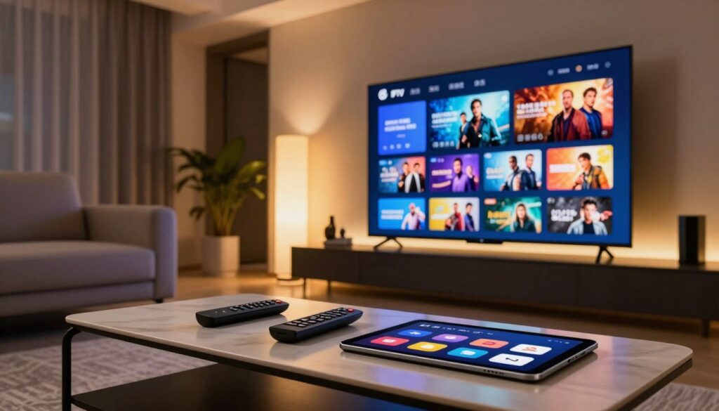 A modern, sleek workspace showcasing the concept of adult IPTV services. In the foreground, a high-end television screen displays a vibrant, colorful interface featuring popular movie and show thumbnails, emphasizing variety. In the middle, a stylish coffee table holds a remote control and a tablet with streaming app icons, hinting at user accessibility. The background features a contemporary living room with warm, inviting lighting that creates a cozy atmosphere, accentuated by soft shadows. Use a low-angle perspective to enhance the depth of the scene, conveying a sense of luxury and comfort. The overall mood should feel sophisticated yet relaxed, highlighting the appeal of enjoying premium content from home. A modern, sleek workspace showcasing the concept of adult IPTV services. In the foreground, a high-end television screen displays a vibrant, colorful interface featuring popular movie and show thumbnails, emphasizing variety. In the middle, a stylish coffee table holds a remote control and a tablet with streaming app icons, hinting at user accessibility. The background features a contemporary living room with warm, inviting lighting that creates a cozy atmosphere, accentuated by soft shadows. Use a low-angle perspective to enhance the depth of the scene, conveying a sense of luxury and comfort. The overall mood should feel sophisticated yet relaxed, highlighting the appeal of enjoying premium content from home.